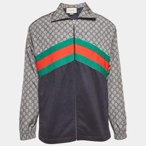 Pre Owned Gucci Multicolor Nylon GG Supreme Web Stripe Zip Up Jacket M 