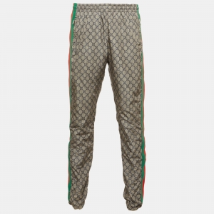 Pre Owned Gucci Grey Synthetic GG Supreme Web Stripe Print Sweat Pants L 