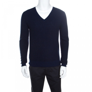 Gucci Dark Blue Textured Wool V Neck Sweater M