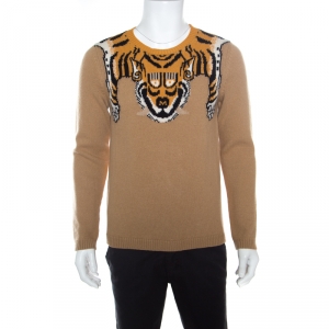 Gucci Beige Tiger Patterned Jacquard Wool Crew Neck Sweater L