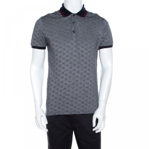 Gucci Navy Blue and White Monogram Jacquard Knit Polo T-Shirt L