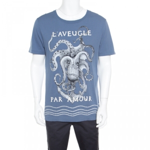 Gucci L'Aveugle Par Amour Blue Octopus Print Applique Detail Distressed T-Shirt M