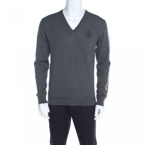 Gucci Grey Rib Knit Wool V Neck Long Sleeve Pullover M
