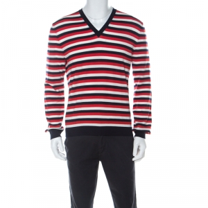 Gucci Red White Navy Striped Wool V Neck Sweater L