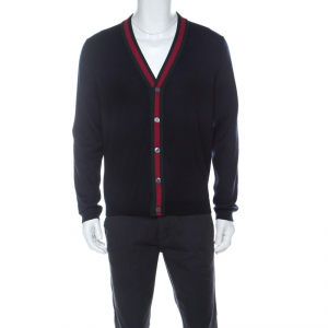 Gucci Ink Blue Wool Web Stripe Detail Open Front Cardigan XL