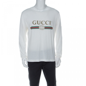 Gucci White Logo Print Cotton Dragon Embroidered Long Sleeve T-Shirt M