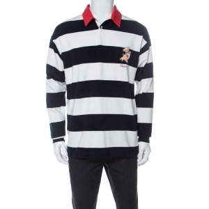 Gucci Navy Blue and White Striped Cotton Appliqued Long Sleeve Polo T-Shirt M