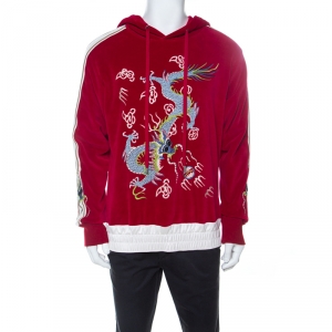 Gucci Red Velvet Dragon Appliqué Hoodie L