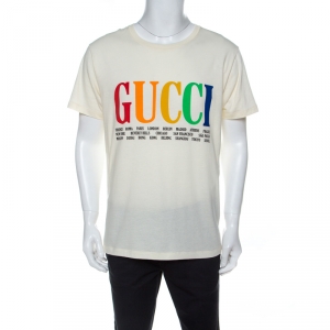 Gucci Cream Cotton Logo Cities Print T-Shirt M