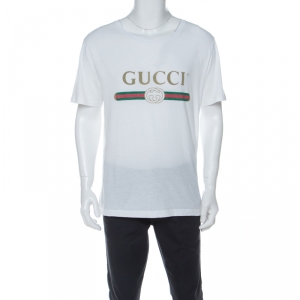 Gucci White Cotton Washed Out Logo Print T-Shirt L