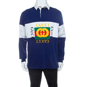 Gucci Navy Blue and White Striped Cotton Long Sleeve Polo T Shirt M