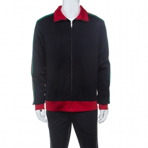 Gucci Navy Blue Cotton Blend Embroidery Detail Front Zip Track Jacket L