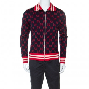 Gucci Navy Blue Monogram Pattern Cotton Contrast Trim Track Jacket M