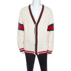 Gucci Off White Wool Web Striped Cable Knit Cardigan L