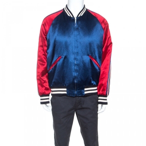 Gucci Blue and Red Satin Striped Trim Reversible Bomber Jacket XXL
