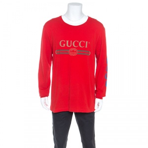 Gucci Red Logo Printed Cotton Dragon Embroidered T-Shirt XL