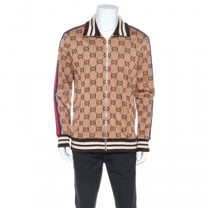 Gucci Beige Logo Monogram Jersey Striped Trim Track Jacket XXL