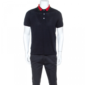 Gucci Navy Blue Stretch Cotton Embroidered Patch Detail Polo T-Shirt L