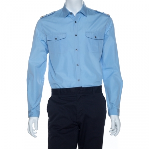 Gucci Blue Cotton Embroidered Epaulette Detail Duke Shirt L