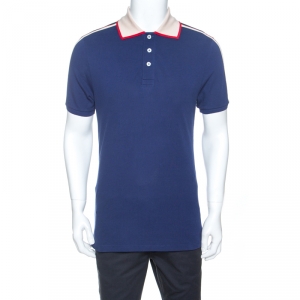 Gucci Navy Blue Cotton Contrast Collar Polo T-Shirt L