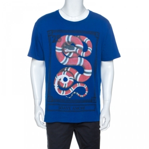 Gucci Blue Distressed Snake Print Cotton Soave Amore T-Shirt L