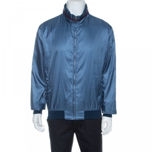 Gucci Blue Logo Patterned Jacquard Bomber Jacket XXL