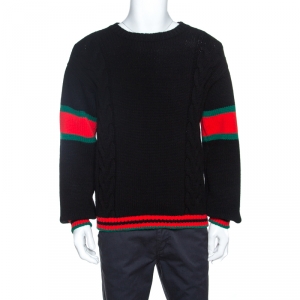 Gucci Black Web Striped Wool Cable Knit Sweater M