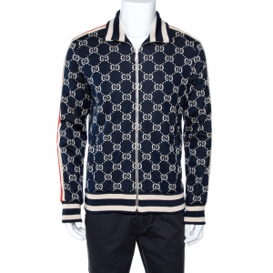 Gucci Navy Blue GG Jacquard Jersey Web Detail Track Jacket L