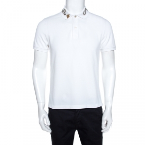 Gucci White Snake Embroidered Cotton Pique Polo T-Shirt L