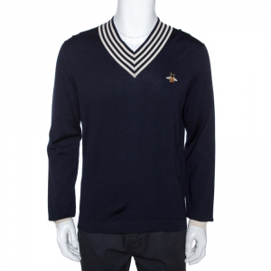 Gucci Navy Blue Wool Knit Bee Appliqued V Neck Sweater L