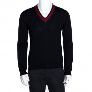 Gucci Ink Blue Wool Web Stripe Detail V Neck Sweater S
