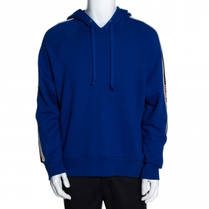 Gucci Royal Blue Cotton Logo Tape Detail Hooded Sweatshirt S