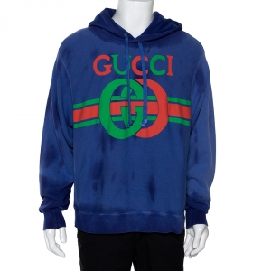 Gucci Purple Logo Print Cotton Washed Effect Hooded Sweatshirt M