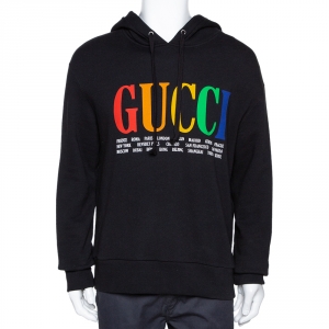 Gucci Black Gucci Cities Print Cotton Hooded Sweatshirt M