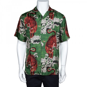 Gucci Green Bengal Tiger Print Silk Bowling Shirt XS