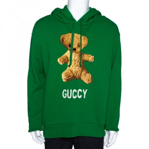 Gucci Green Cotton Jersey Guccy Embroidered Teddy Bear Hoodie M