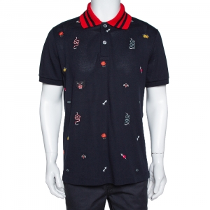 Gucci Navy Blue Multi Symbol Embroidered Cotton Polo T-Shirt XXL