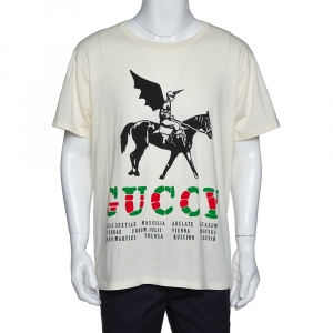 Gucci Pale Yellow Cotton Winged Jockey Guccy Logo Print T Shirt L