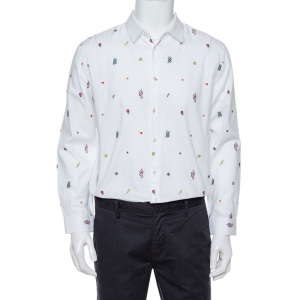 Gucci White Cotton Oxford Symbols Fil Coupé Slim Fit Shirt XL