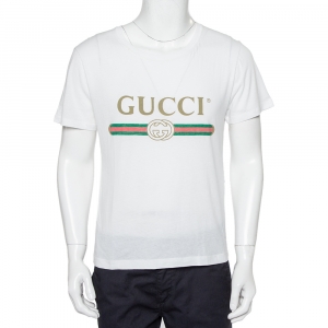 Gucci White Logo Printed Cotton Oversized Washed Crewneck T-Shirt XS