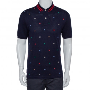 Gucci Navy Blue Honeycomb Knit Contrast Trim Detail Embroidered Polo T-Shirt L