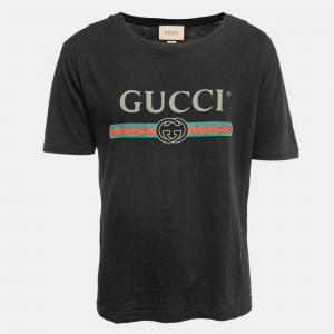 Gucci Black Logo Printed Washed Cotton Distressed T Shirt XL