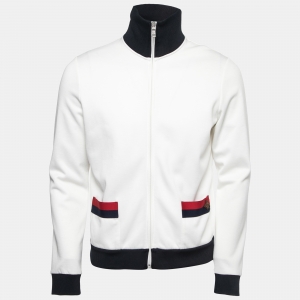 Gucci White Knit Contrast Trimmed Bee Embroidered Zip Front Cardigan XS