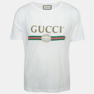 Gucci White Logo Print Washed & Distressed Cotton Oversized T-Shirt M