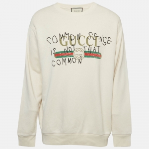 Gucci Cream Common Sense Logo Print Cotton Distressed Sweatshirt M