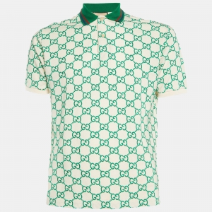 Gucci Off White GG Embroidered Cotton Polo T-Shirt S