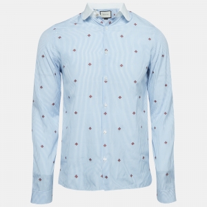 Gucci Blue Pinstripe Bee Embroidered Cotton Cambridge Shirt S
