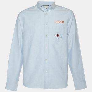 Gucci Light Blue Embroidered Cotton Button Down Shirt L