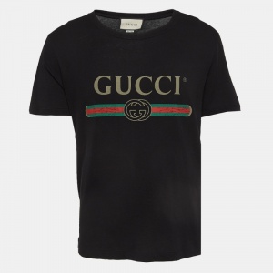 Gucci Black Logo Print Cotton Distressed T-Shirt S