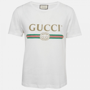 Gucci White Logo Print Cotton Distressed T-Shirt XS